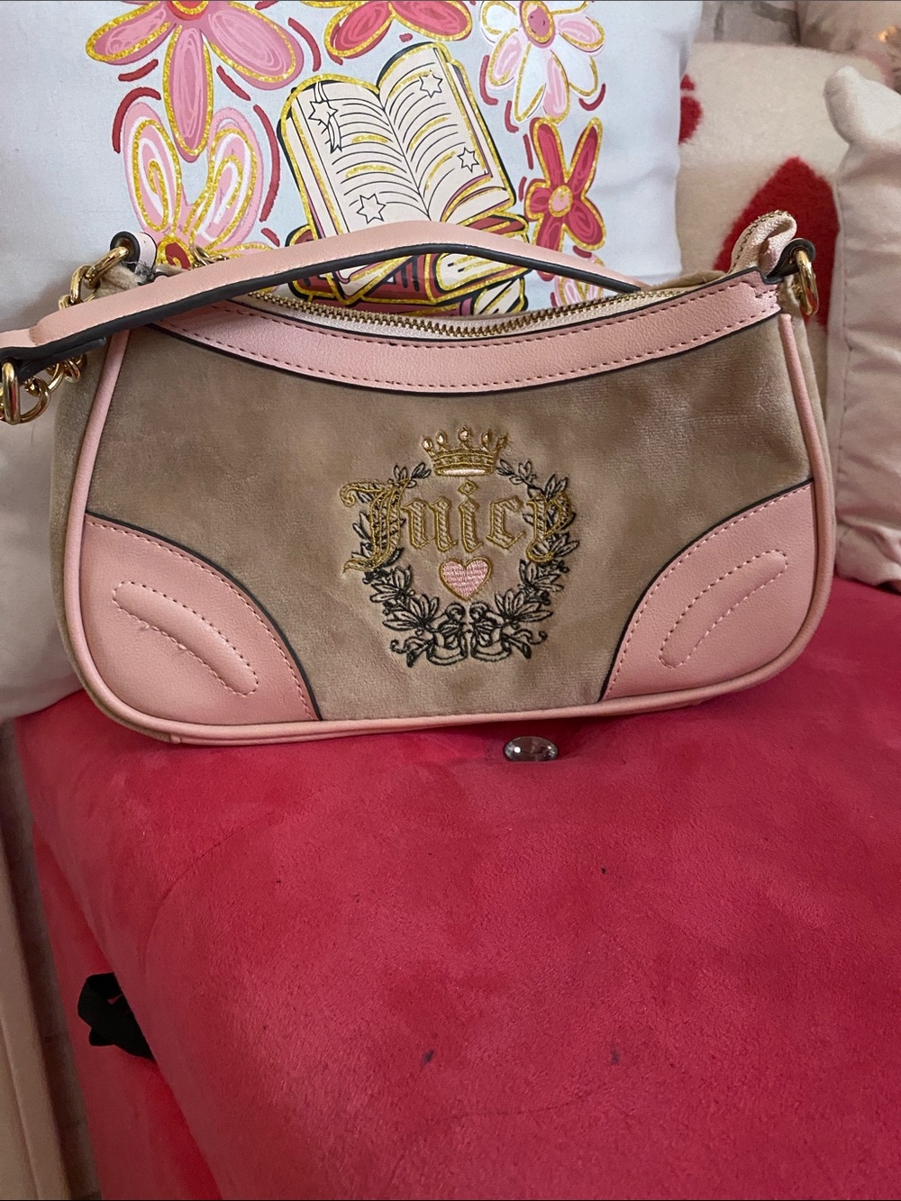 Juicy Couture Pink and Tan Embroidered Crest Shoulder Bag